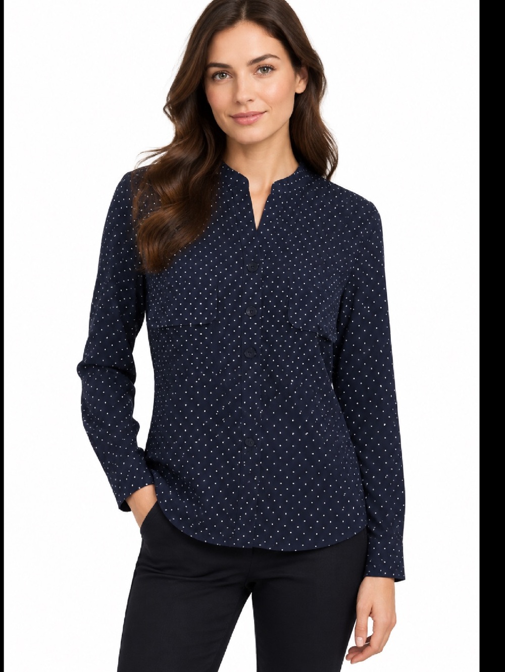 VINCE Silk Navy Dot Split-Neck Button Front Top ♥️♥️
